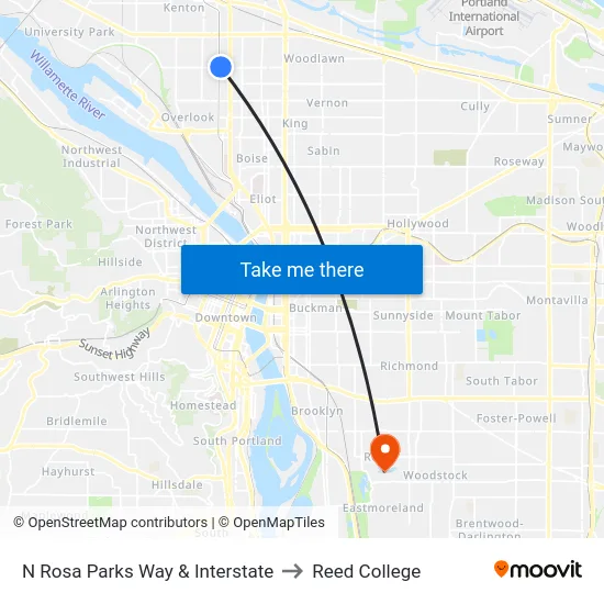 N Rosa Parks Way & Interstate to Reed College map
