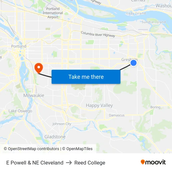 E Powell & NE Cleveland to Reed College map