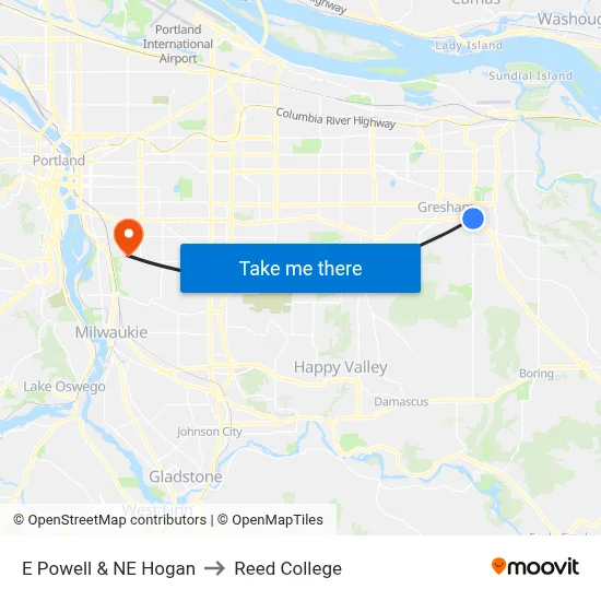 E Powell & NE Hogan to Reed College map