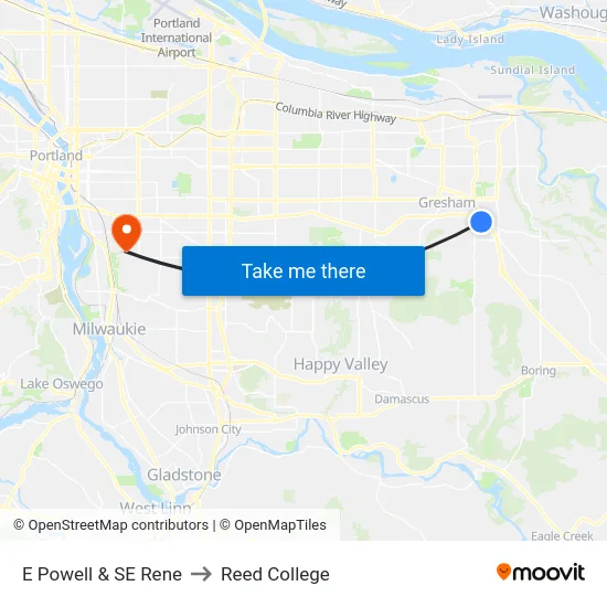 E Powell & SE Rene to Reed College map