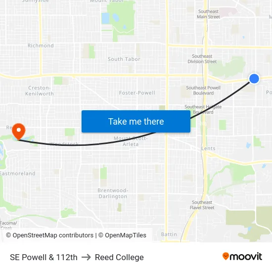 SE Powell & 112th to Reed College map