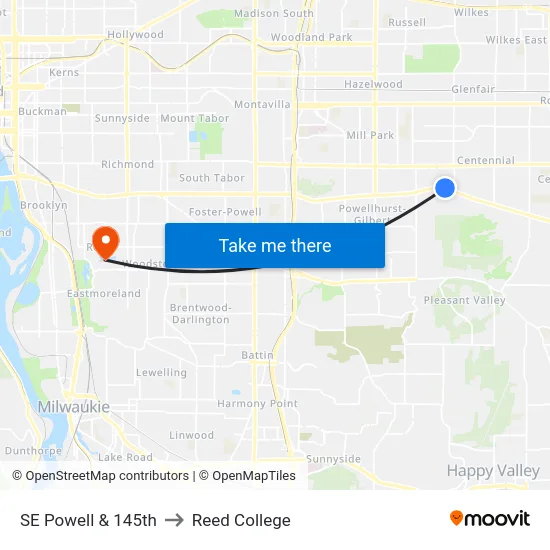SE Powell & 145th to Reed College map