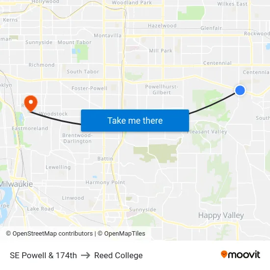 SE Powell & 174th to Reed College map