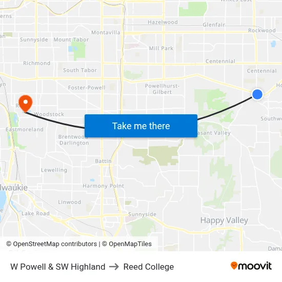 W Powell & SW Highland to Reed College map