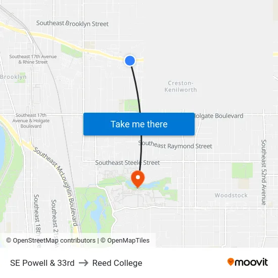 SE Powell & 33rd to Reed College map