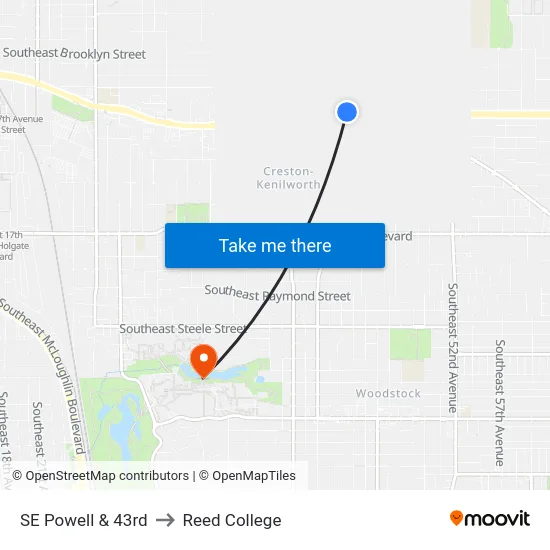 SE Powell & 43rd to Reed College map