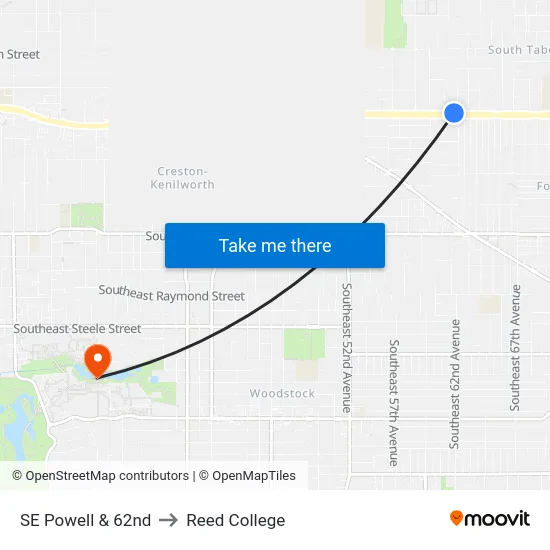 SE Powell & 62nd to Reed College map