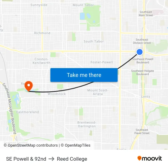 SE Powell & 92nd to Reed College map