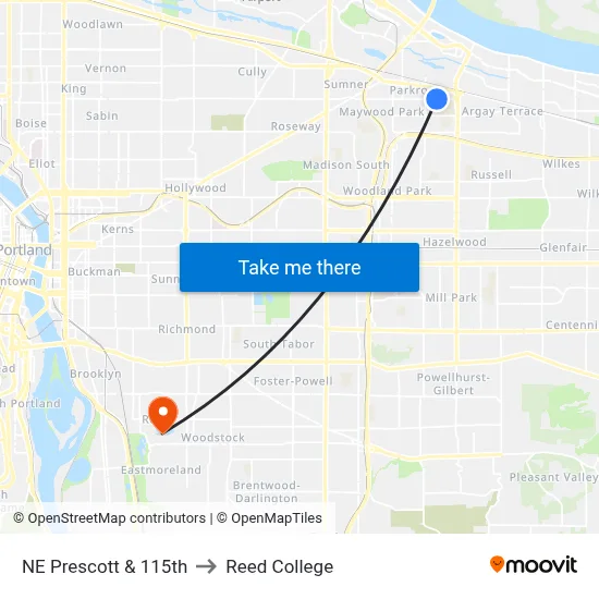 NE Prescott & 115th to Reed College map