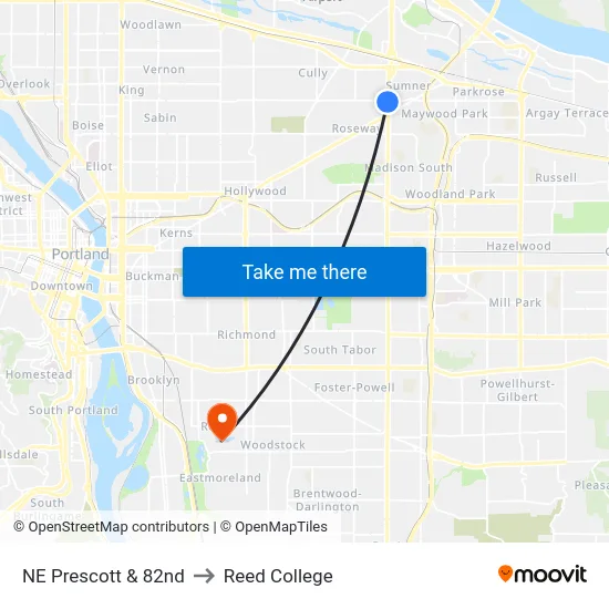 NE Prescott & 82nd to Reed College map