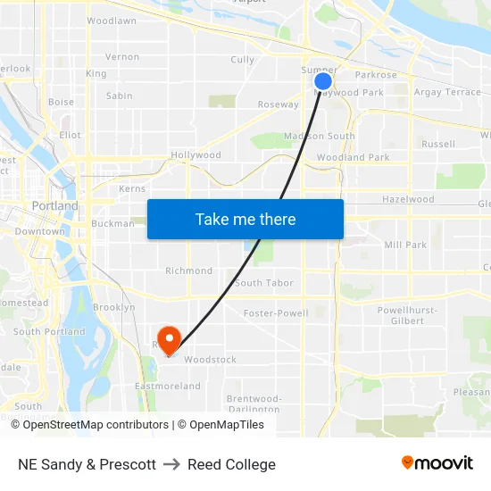 NE Sandy & Prescott to Reed College map