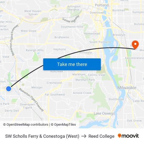 SW Scholls Ferry & Conestoga (West) to Reed College map