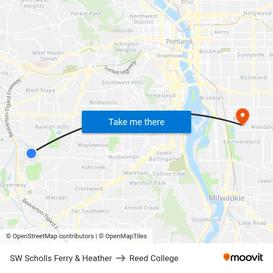 SW Scholls Ferry & Heather to Reed College map