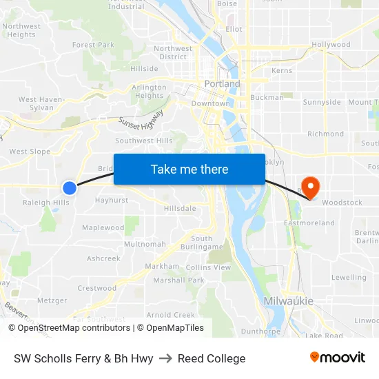 SW Scholls Ferry & Bh Hwy to Reed College map