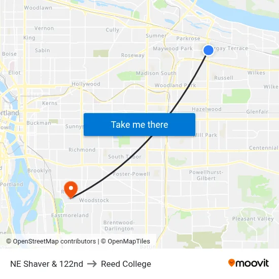 NE Shaver & 122nd to Reed College map