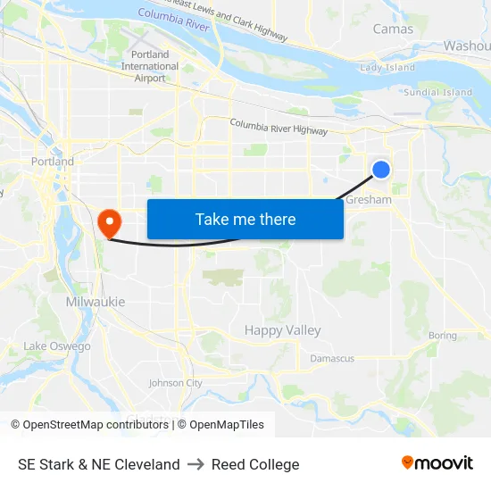 SE Stark & NE Cleveland to Reed College map