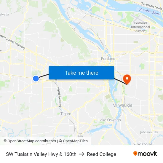 SW Tualatin Valley Hwy & 160th to Reed College map