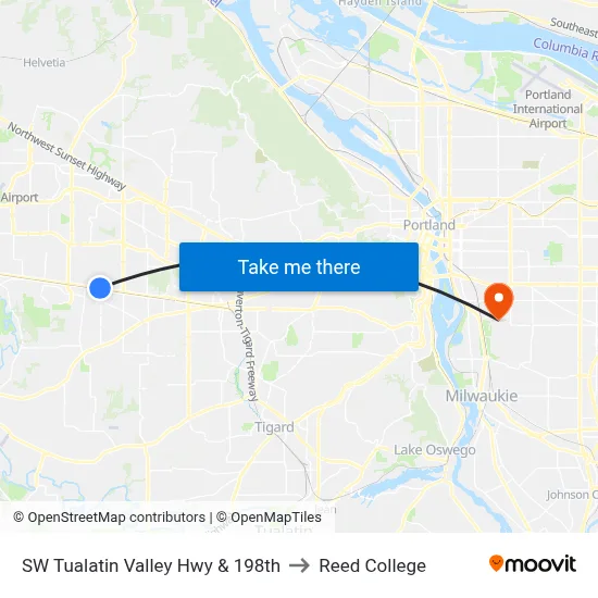 SW Tualatin Valley Hwy & 198th to Reed College map
