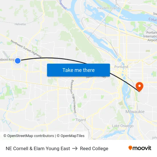NE Cornell & Elam Young East to Reed College map