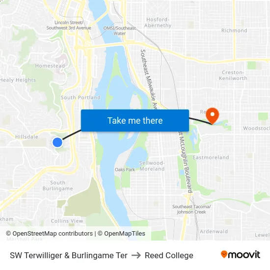 SW Terwilliger & Burlingame Ter to Reed College map
