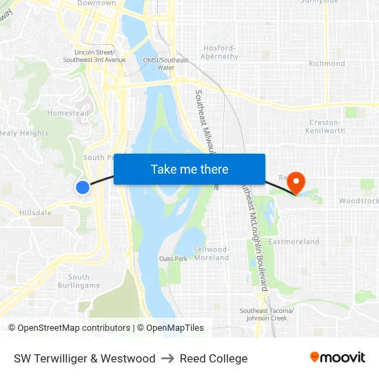 SW Terwilliger & Westwood to Reed College map