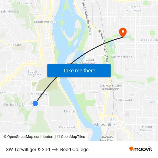 SW Terwilliger & 2nd to Reed College map