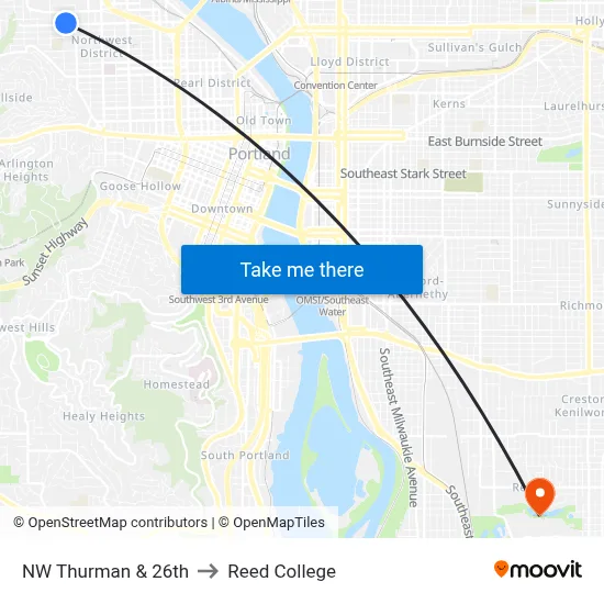 NW Thurman & 26th to Reed College map