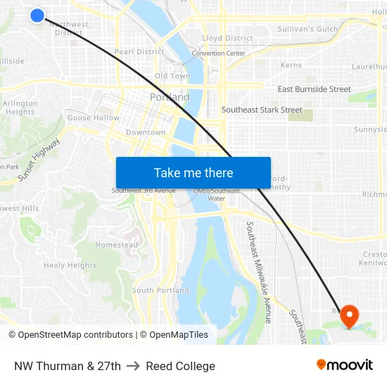 NW Thurman & 27th to Reed College map