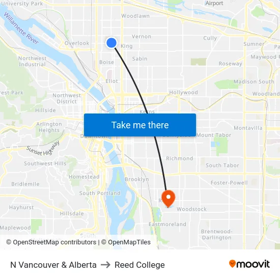 N Vancouver & Alberta to Reed College map