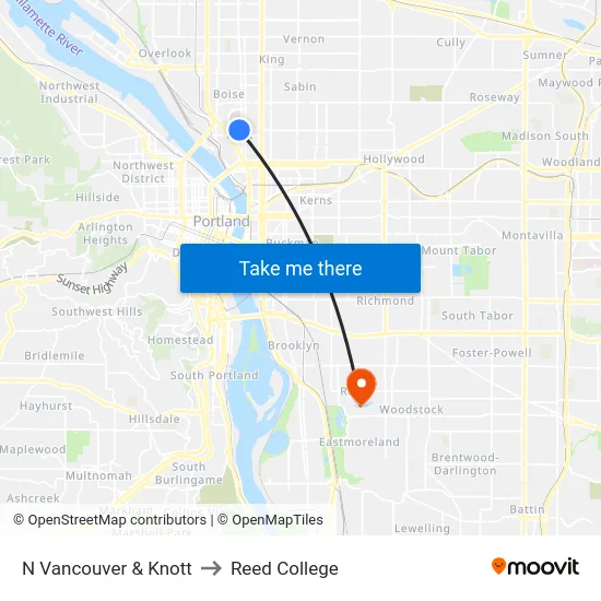 N Vancouver & Knott to Reed College map