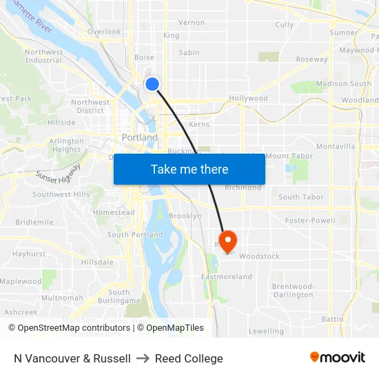 N Vancouver & Russell to Reed College map
