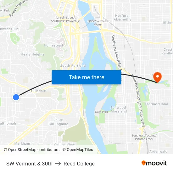 SW Vermont & 30th to Reed College map