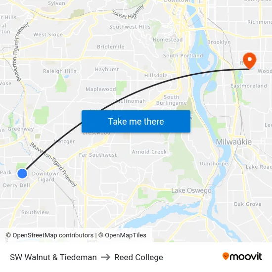 SW Walnut & Tiedeman to Reed College map