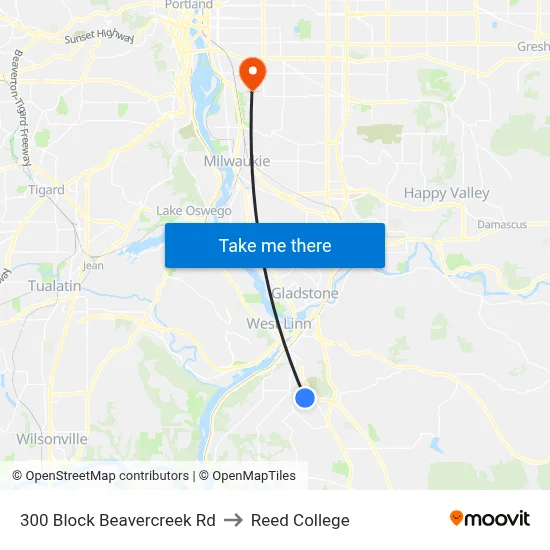 300 Block Beavercreek Rd to Reed College map