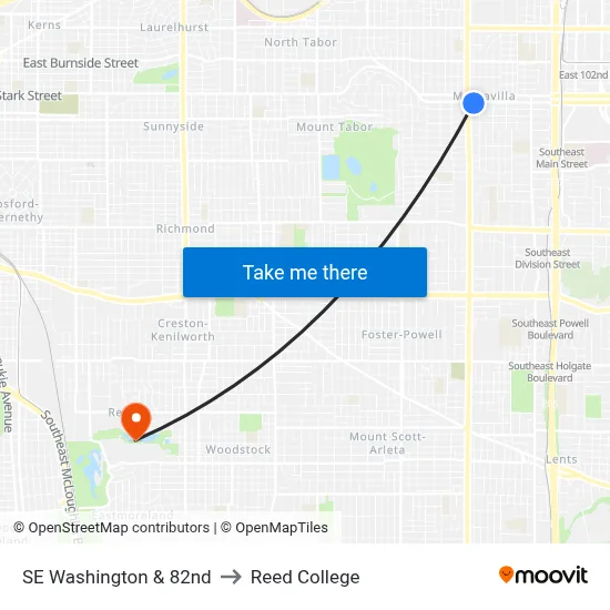 SE Washington & 82nd to Reed College map