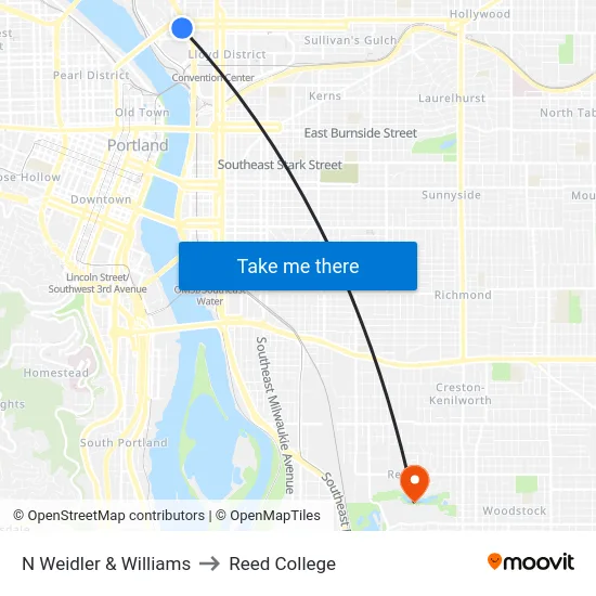 N Weidler & Williams to Reed College map