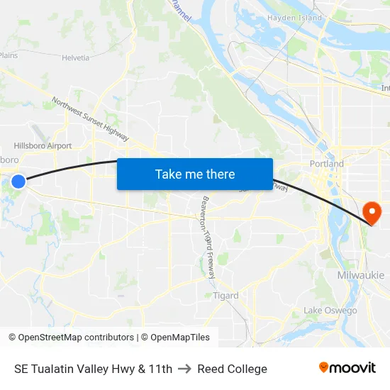 SE Tualatin Valley Hwy & 11th to Reed College map