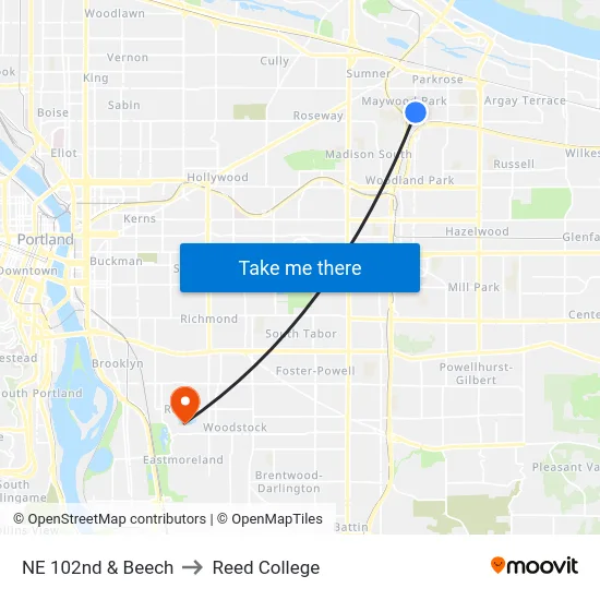 NE 102nd & Beech to Reed College map