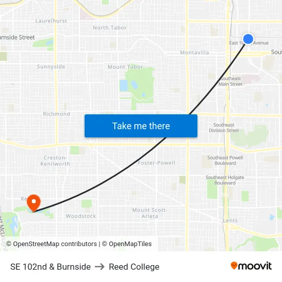 SE 102nd & Burnside to Reed College map