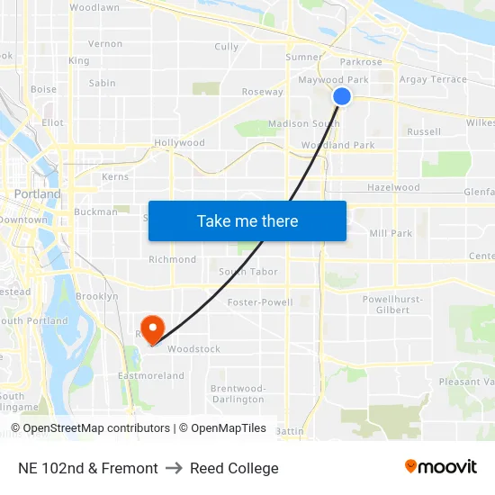 NE 102nd & Fremont to Reed College map