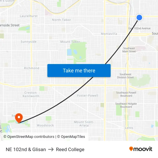 NE 102nd & Glisan to Reed College map
