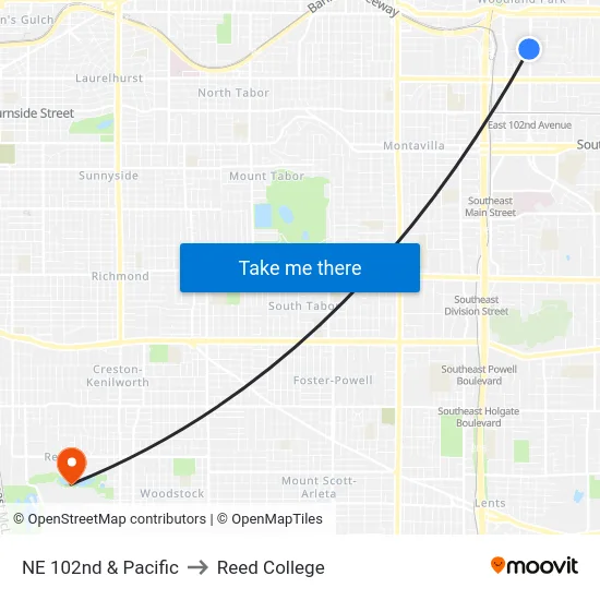 NE 102nd & Pacific to Reed College map