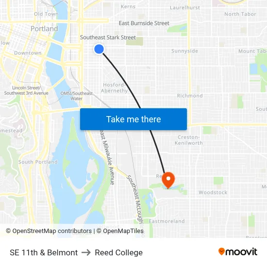 SE 11th & Belmont to Reed College map
