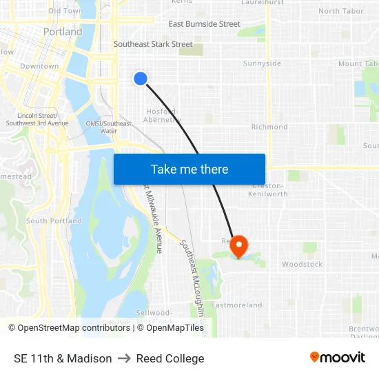 SE 11th & Madison to Reed College map