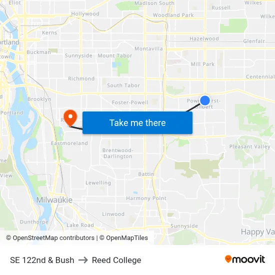 SE 122nd & Bush to Reed College map