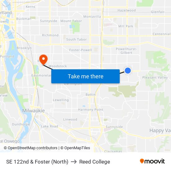 SE 122nd & Foster (North) to Reed College map