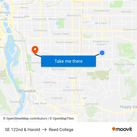 SE 122nd & Harold to Reed College map