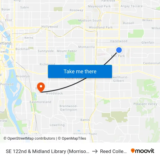 SE 122nd & Midland Library (Morrison) to Reed College map