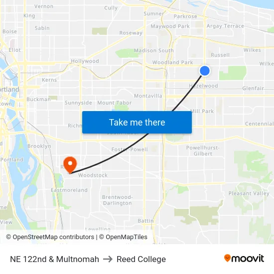 NE 122nd & Multnomah to Reed College map