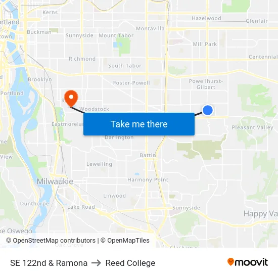 SE 122nd & Ramona to Reed College map